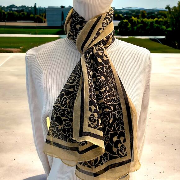 Vintage Floral Scarf Black Tan Wrap Retro Mid Century Mod Lightweight Oblong - Picture 3 of 6